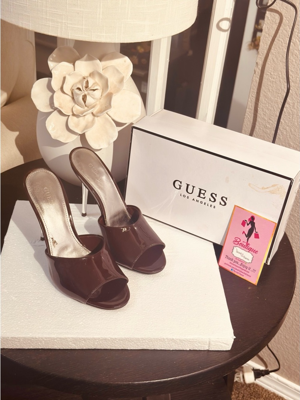 GUESS Brown Patent Leather Open-Toe High Heel Mules